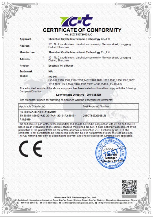 CE certificate mark for aroma diffuser