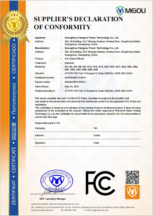 FCC certificate for aroma diffuser