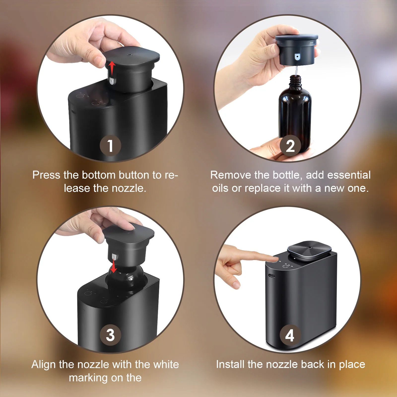 2530 waterless diffuser four-step bottle replacement guide, release nozzle, refill 120 ml bottle, align mark, reinstall