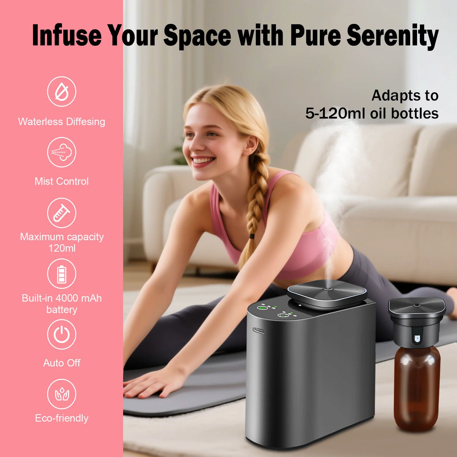 2530 key features banner, waterless diffusing, mist control, 120 ml maximum bottle, built-in 4000 mAh battery, auto off