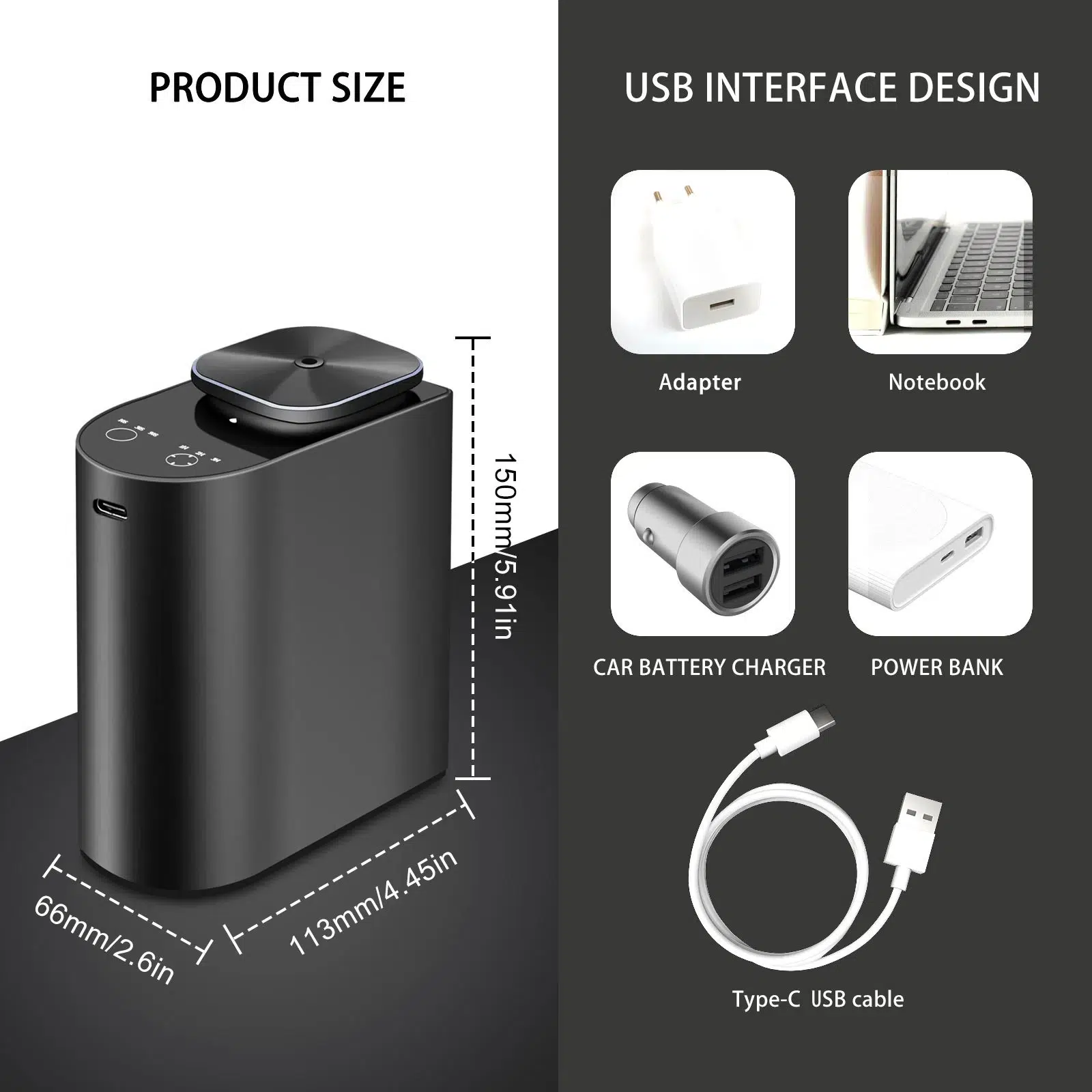 2530 product dimensions 66 by 113 by 150 mm and Type-C USB charging from adapter, notebook, car charger or power bank