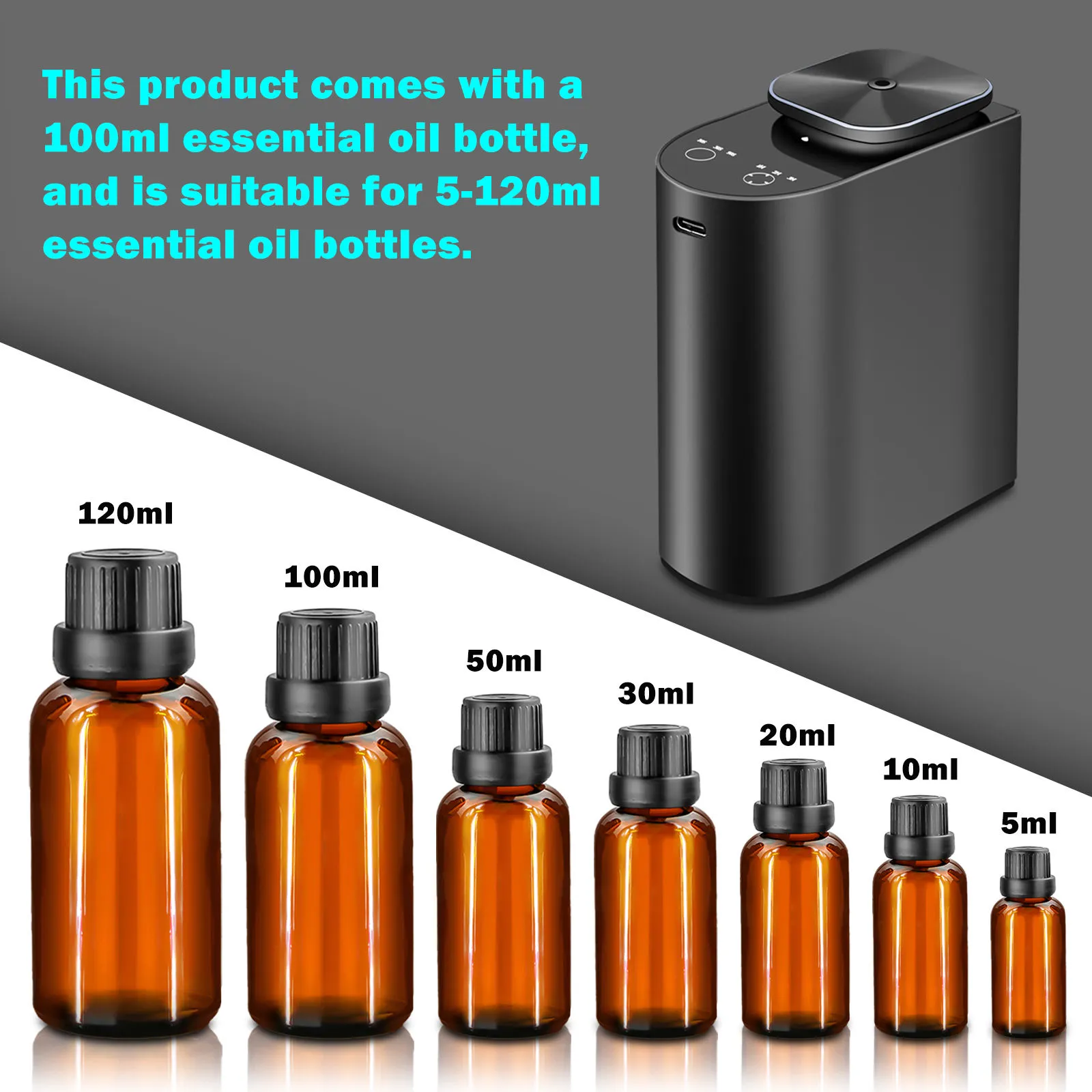 2530 oil bottle compatibility chart with 50 ml, 100 ml and 120 ml bottles, accepting the full 5 to 120 ml range