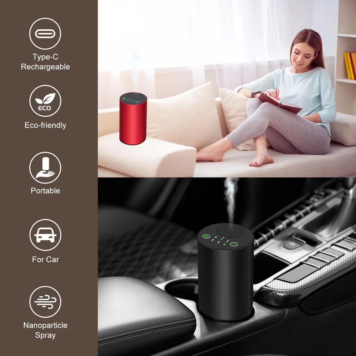 Difusor portátil recargable WD Aroma 2410 con conector Type-C, ecológico, para uso en el hogar y en el auto