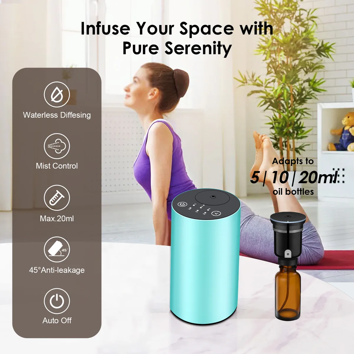 El difusor sin agua WD Aroma 2410 cuenta con frascos de aceite a prueba de fugas de 45 grados y de 5, 10 y 20 ml