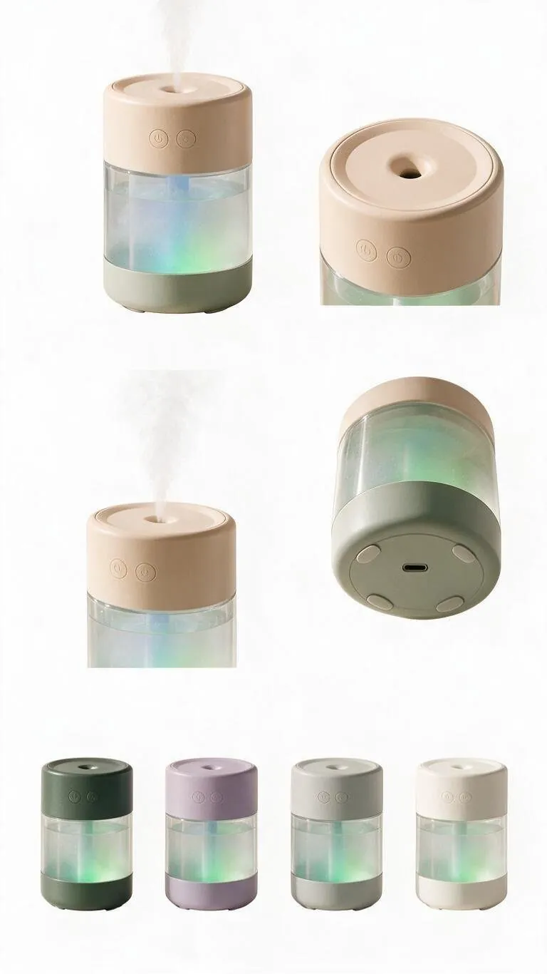 Compact transparent-tank aroma diffuser with pastel top and mood light inside