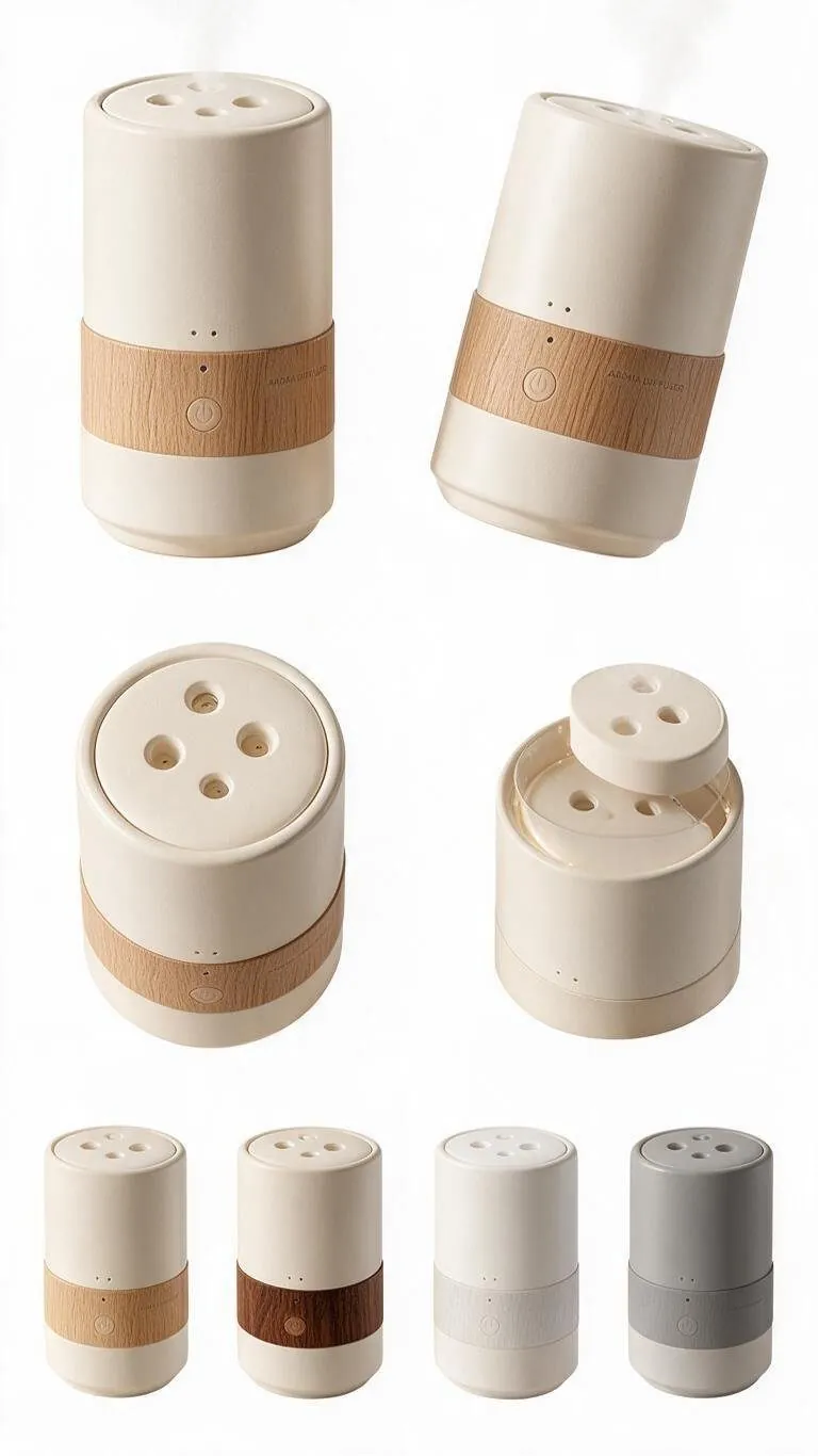 Cylindrical aroma diffuser with woodgrain band and four-nozzle top, cream white finish
