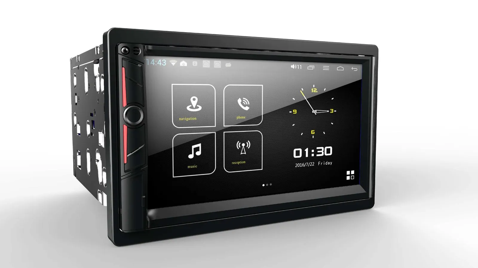 Double-DIN Android car infotainment unit with navigation and phone tiles