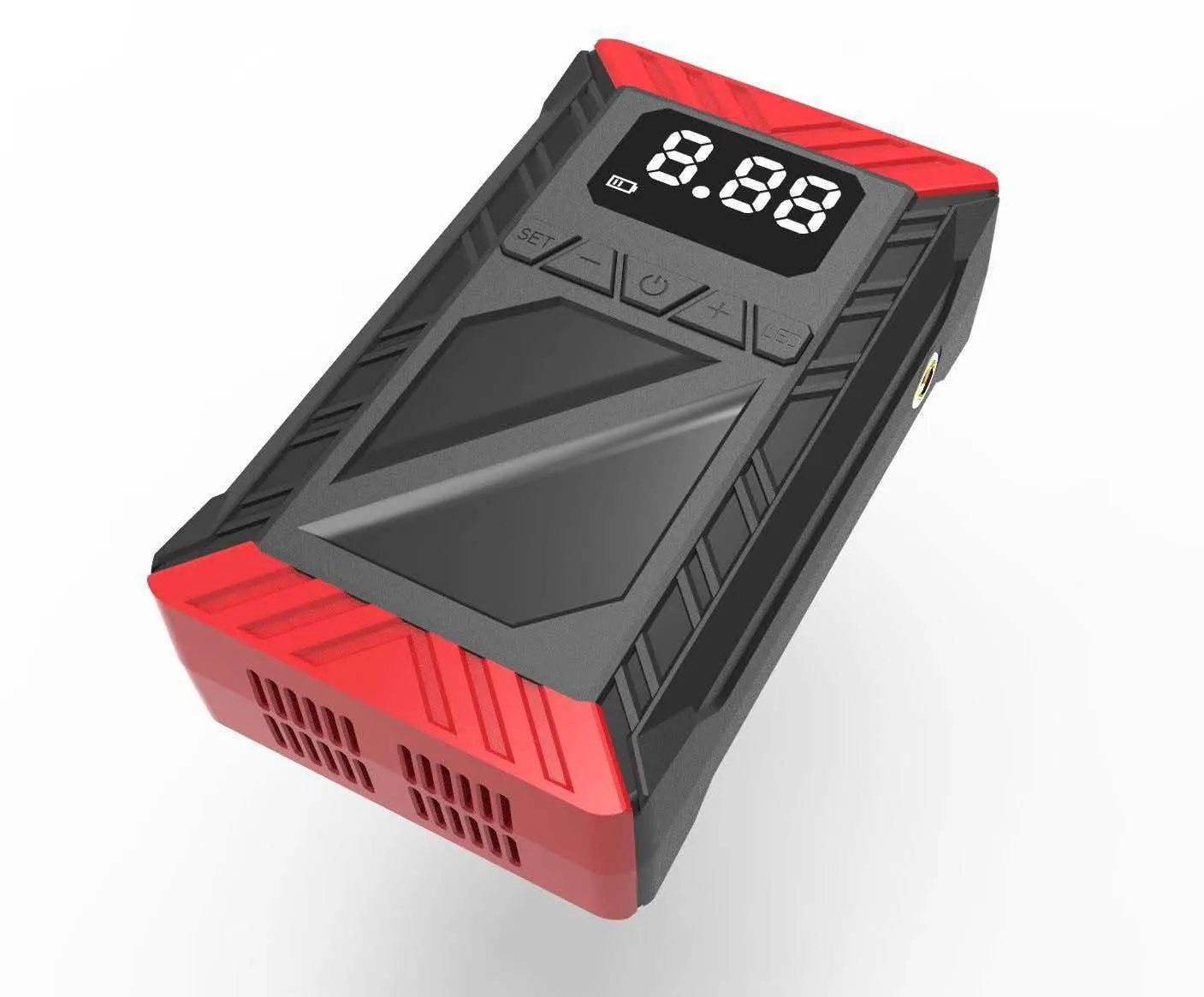 Black and red portable car jump starter with digital display and controls