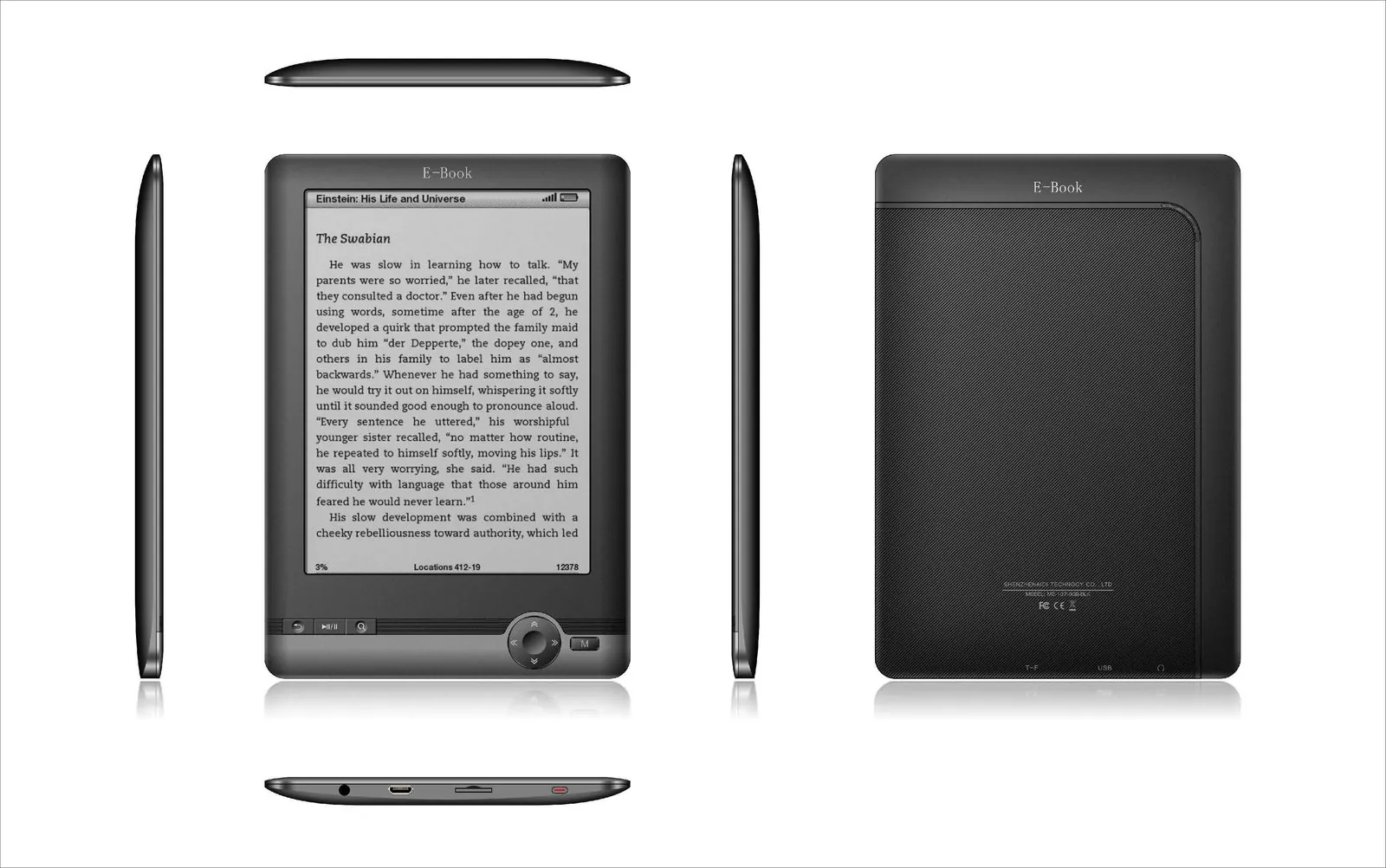 Black e-book reader shown from front, back, sides and bottom with button controls
