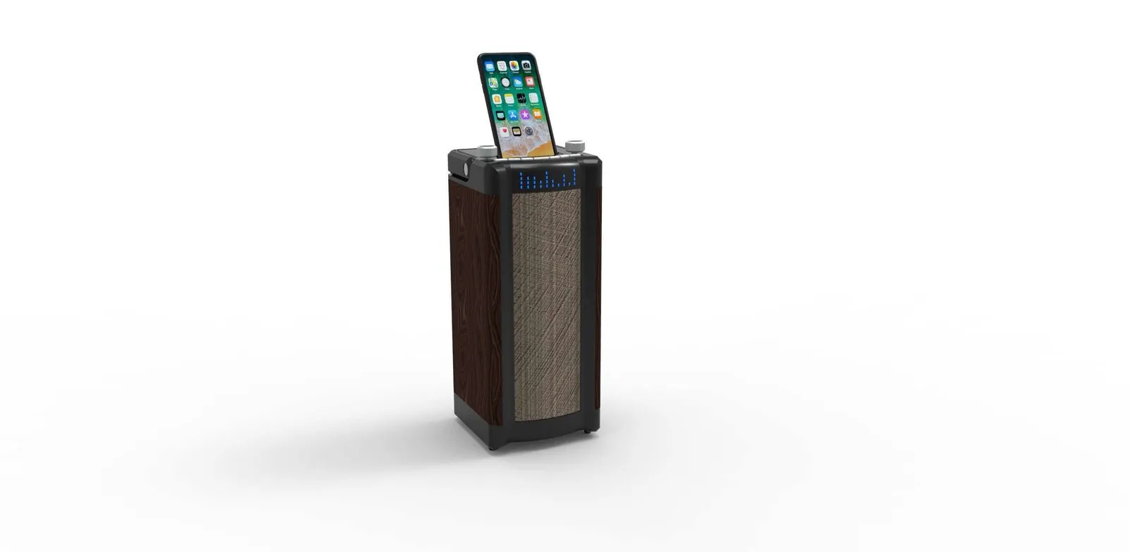 Wood-finish floorstanding speaker with phone dock on top