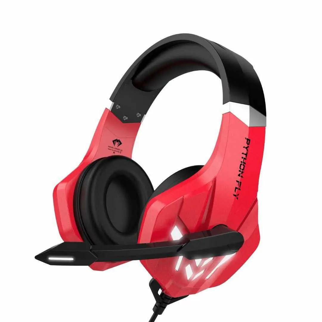 Red and black gaming headset with boom microphone and LED lighting