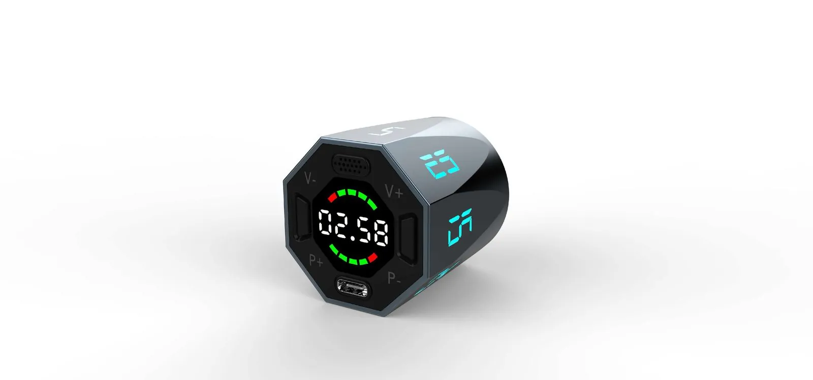 Octagonal kitchen timer with LED countdown display and side buttons