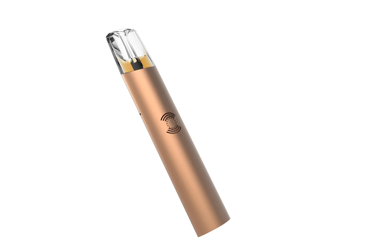 Champagne gold oil-pod vaporizer at a three-quarter angle showing oil inside the transparent chamber