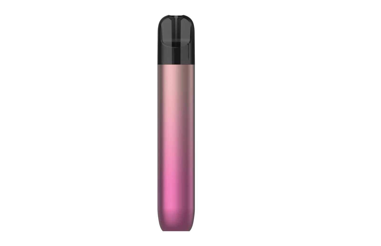 Slim disposable oil-pod vaporizer with black transparent mouthpiece and rose gradient shell, front view