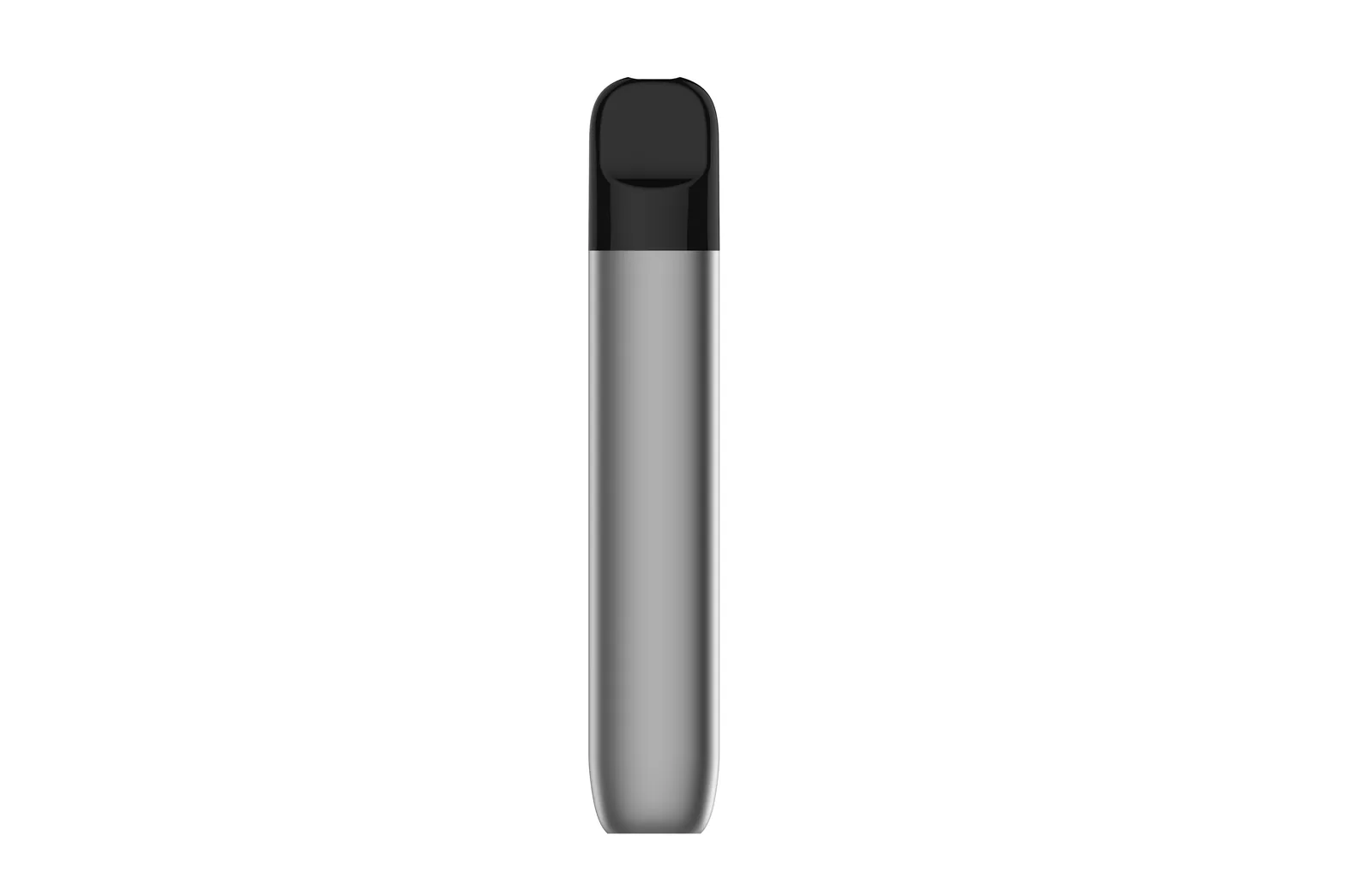 Slim disposable oil-pod vaporizer with silver metallic shell, front view