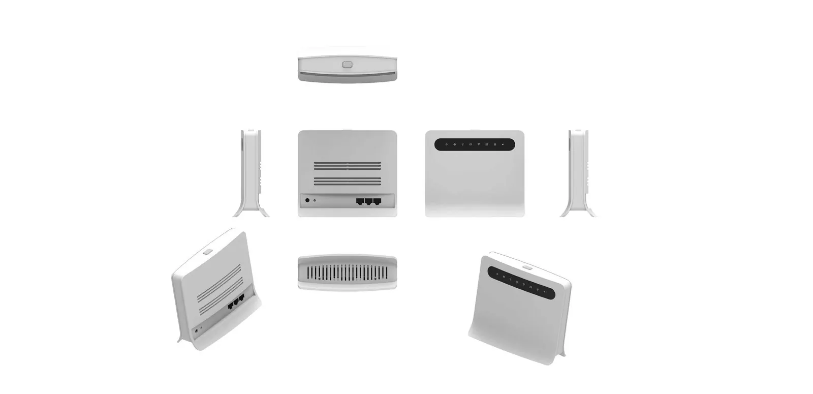 White optical network terminal gateway shown from multiple angles