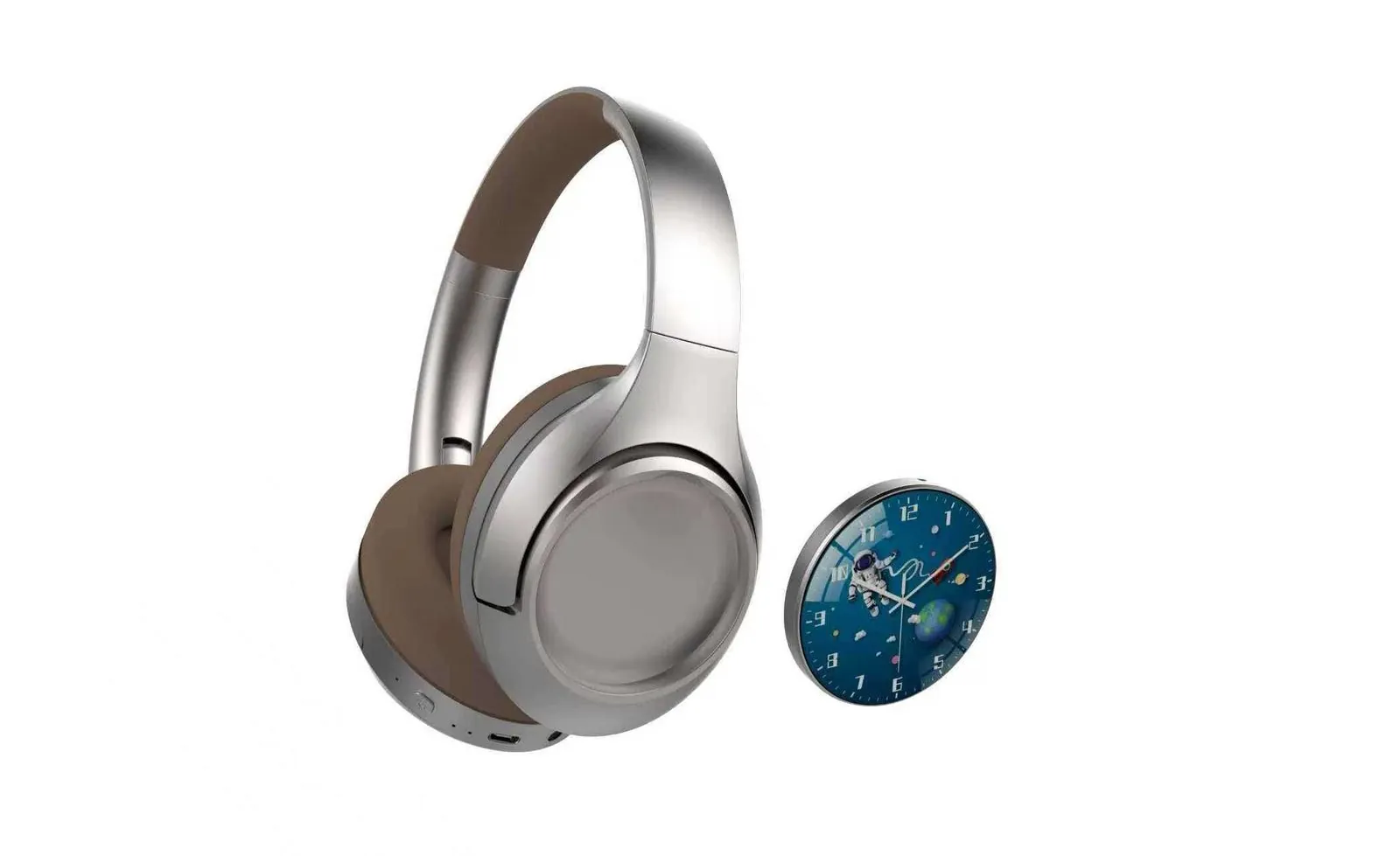 Silver over-ear Bluetooth headphones with brown ear cushions