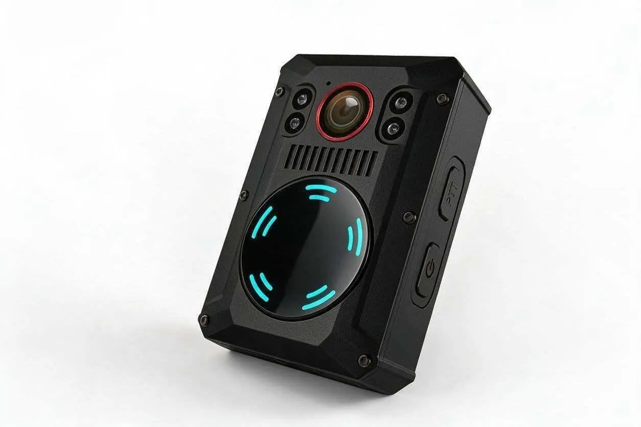 Rugged black personal body camera with red lens ring and status lights