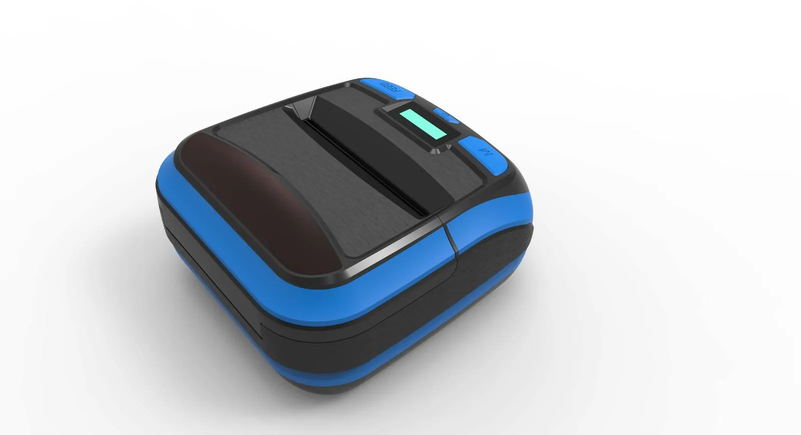 Rugged black and blue portable thermal label printer with LCD screen