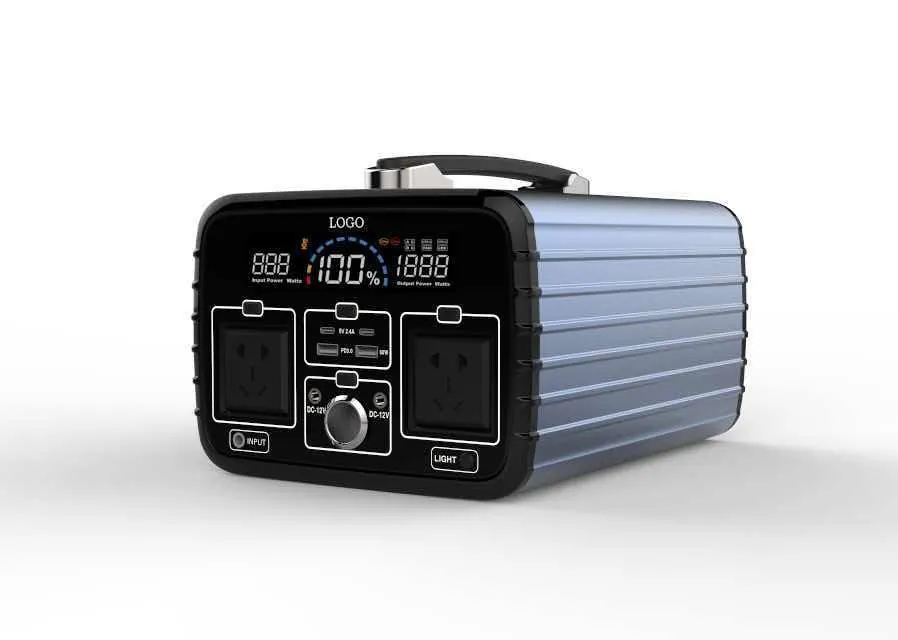 Blue portable power station with AC outlets, USB ports and digital display