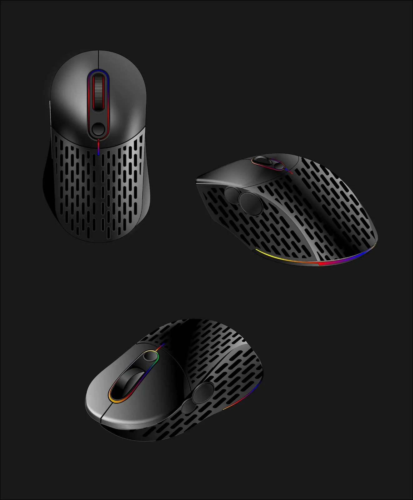 Black lightweight wireless gaming mouse with perforated shell and RGB lighting