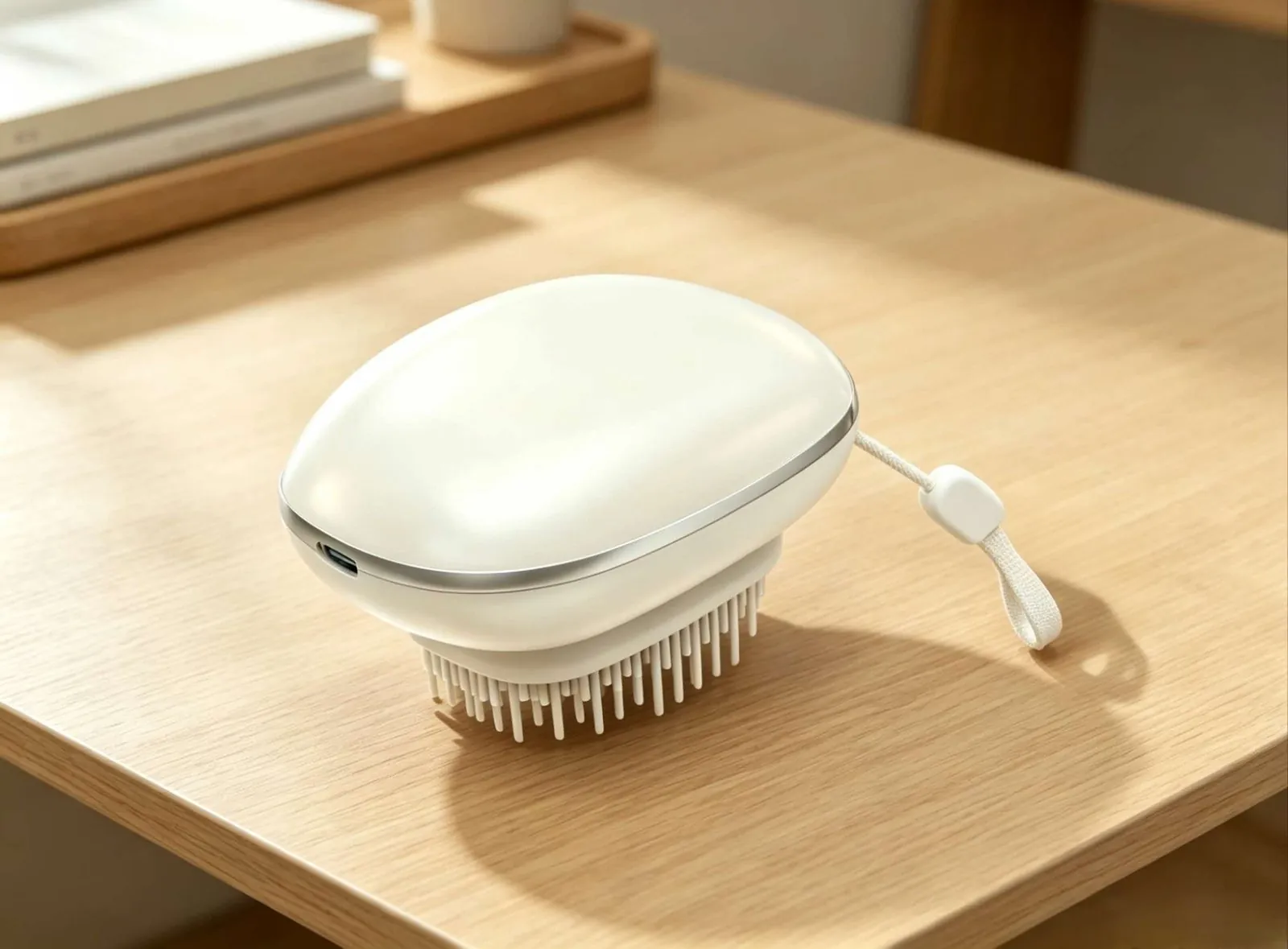 White electric scalp massager with soft tines and fabric strap on wood desk