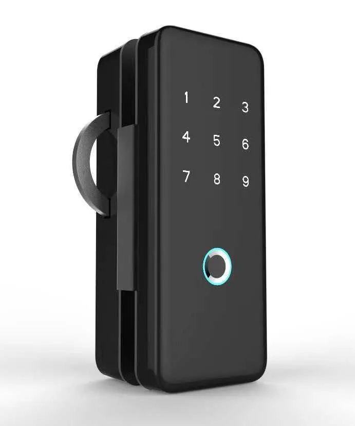 Black smart glass door lock with touch keypad and fingerprint sensor