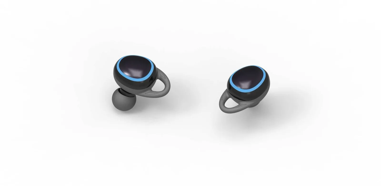 Black true wireless earbuds with blue accent ring and ear hooks