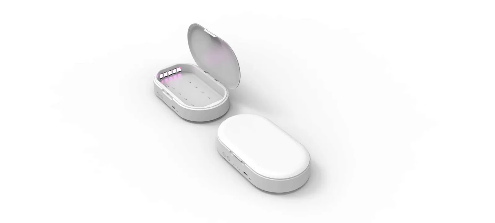 White portable UV sterilizer box open showing UV LEDs inside