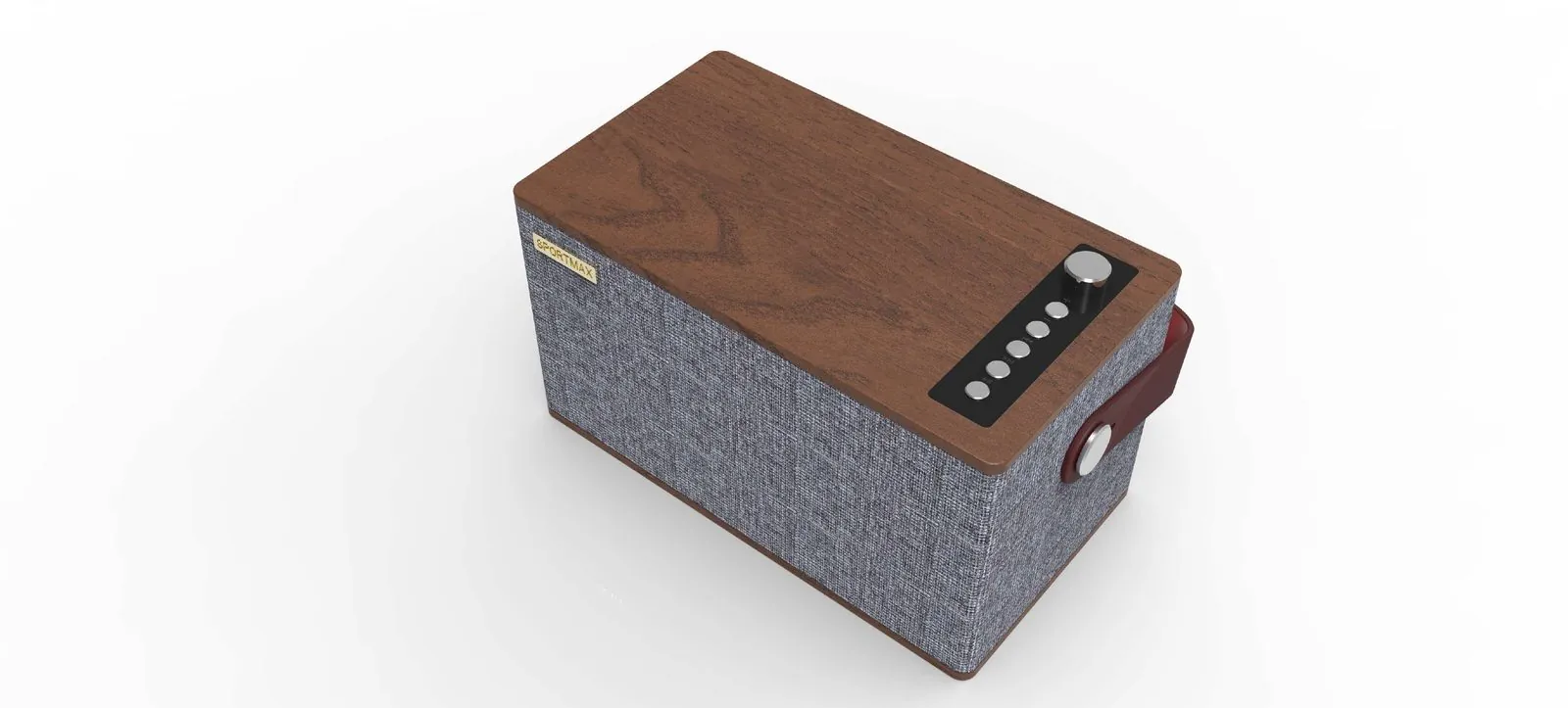 Walnut wood desktop Bluetooth speaker with fabric wrap and top control strip