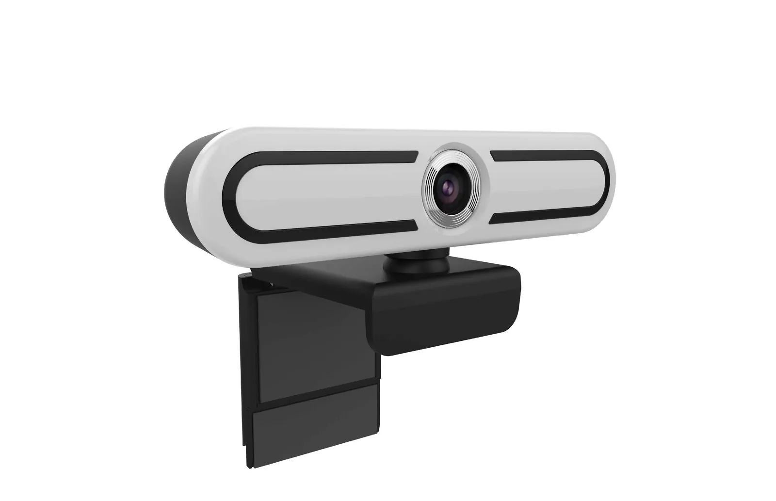 White clip-on USB webcam with central lens and black accent lines
