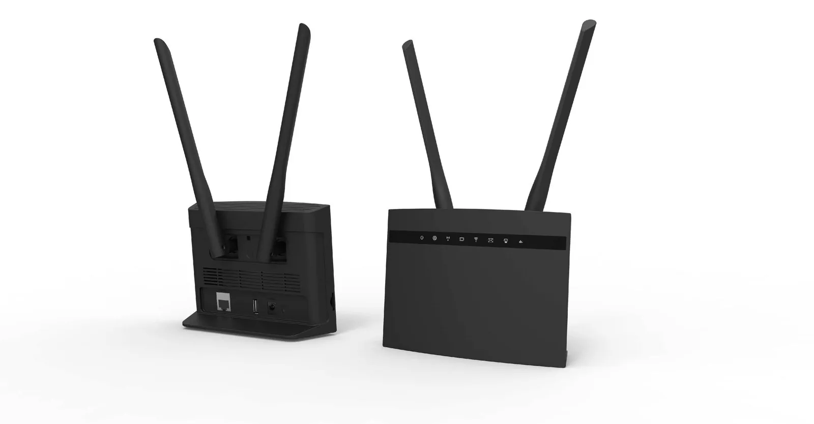 Black WiFi router with two external antennas and status indicator bar