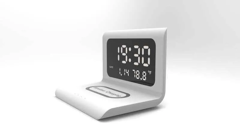 White desk stand with 15W wireless charger and LED alarm clock showing date and temperature