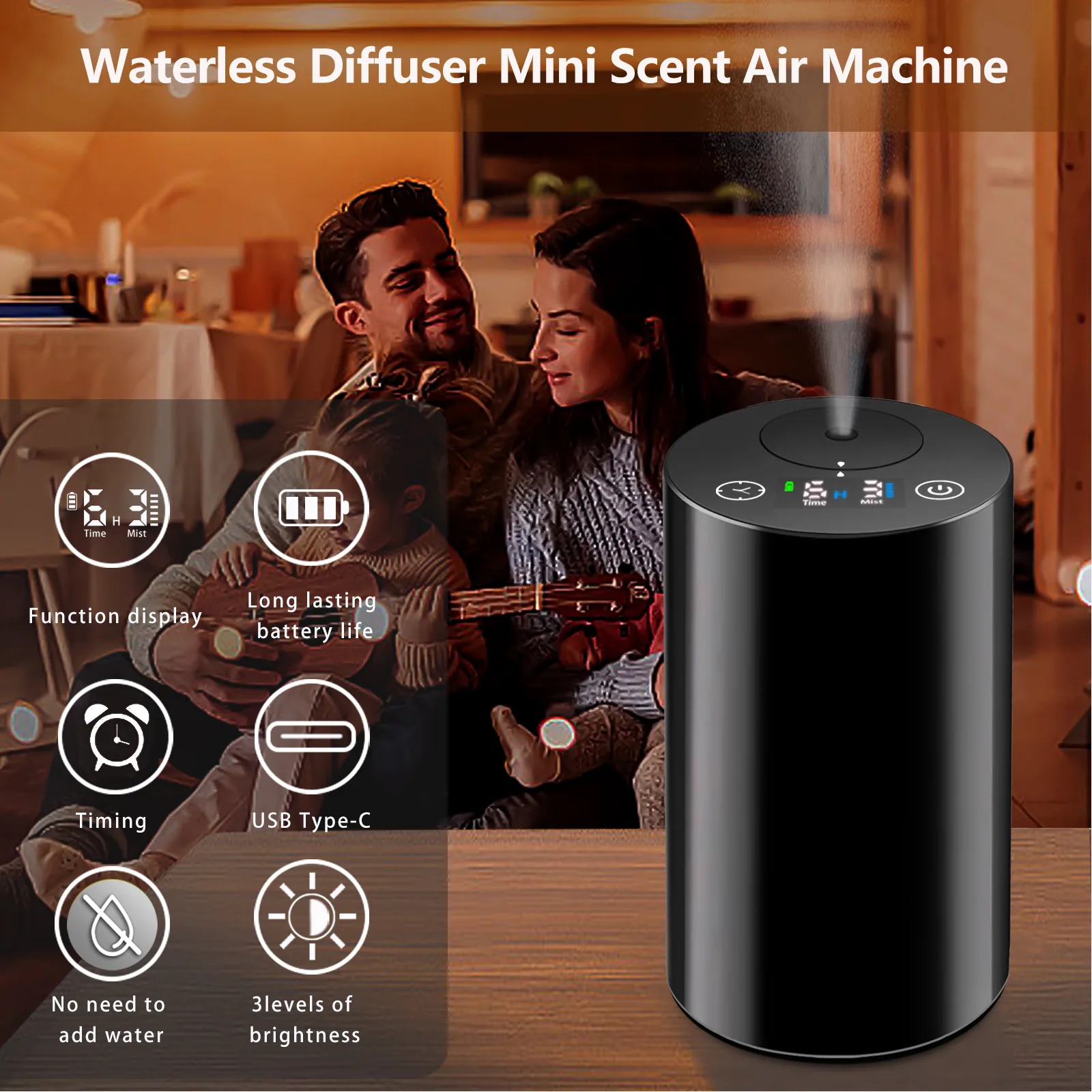 WD Aroma 2410 PP plastic waterless mini scent machine features - timed mist, no water, battery, Type-C, brightness levels