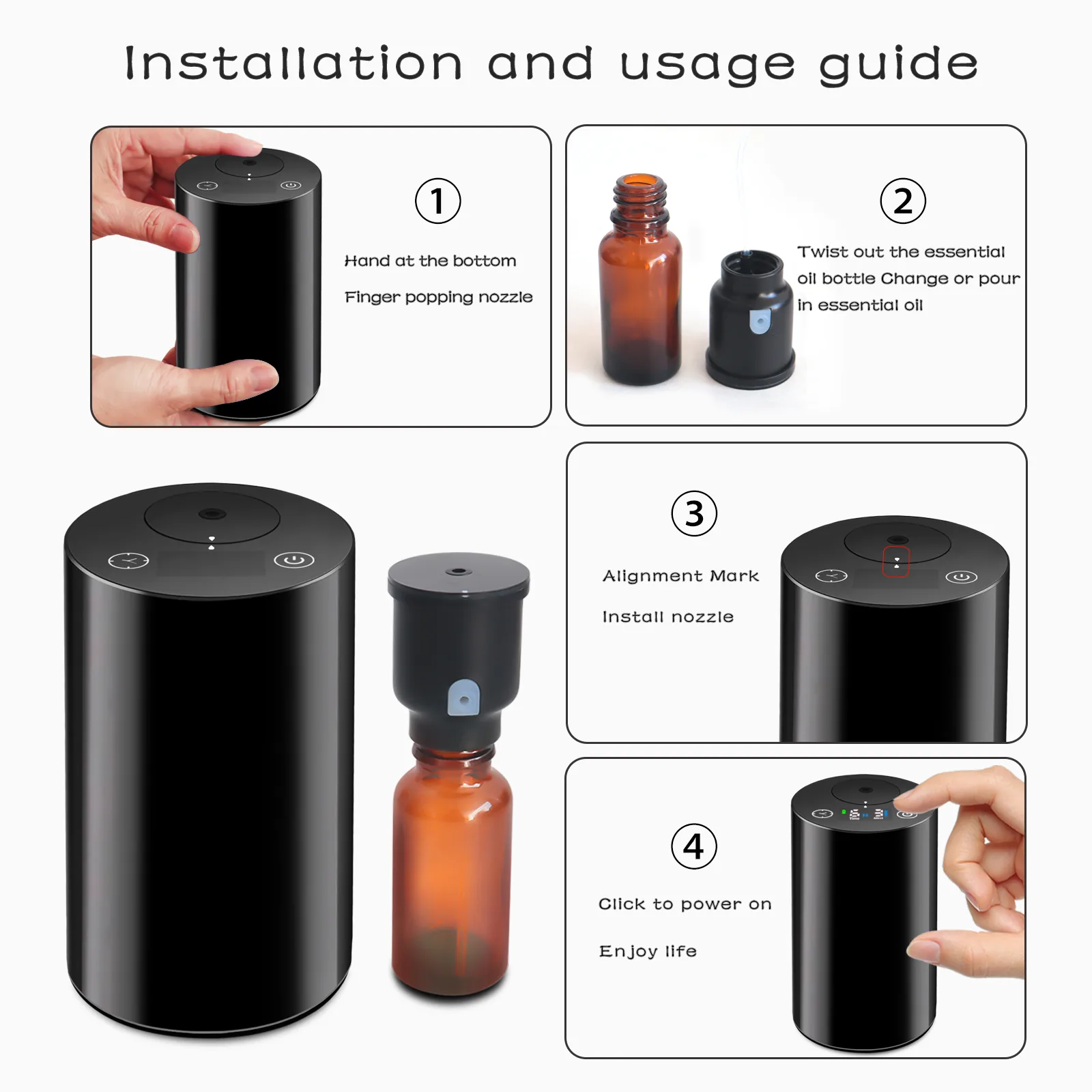 WD Aroma 2410 PP plastic diffuser nozzle and oil bottle installation and usage guide - 4 steps