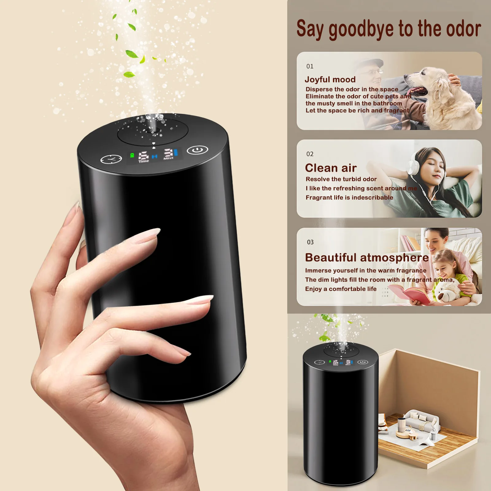 WD Aroma 2410 PP plastic diffuser odour removal for pet areas and bathrooms - three benefit scenes