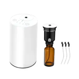 2410 PP waterless diffuser - white PP body shown beside its glass oil bottle - 1-3 micron dry mist, no water and no heat