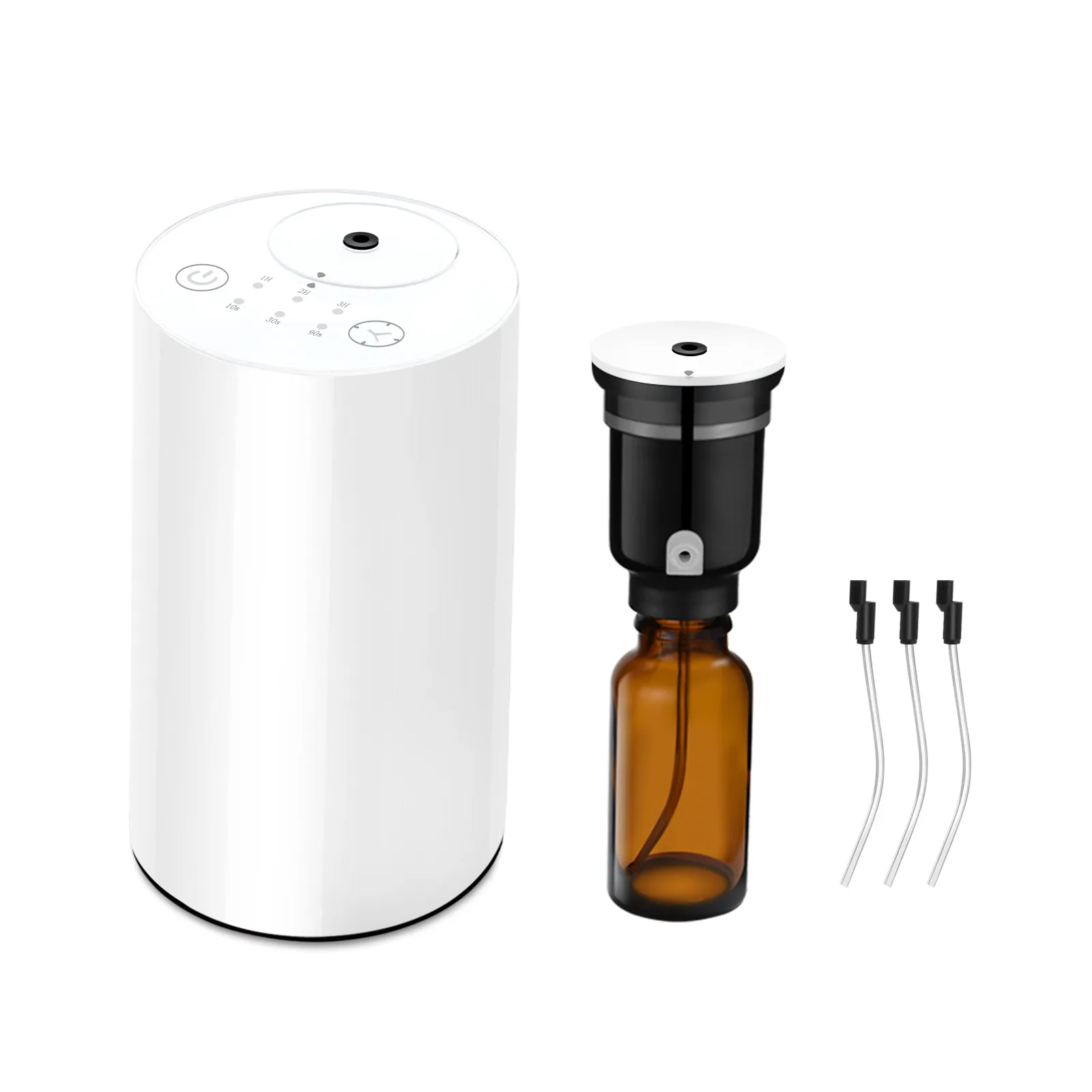 Difusor sin agua 2410 PP: cuerpo de PP blanco, que se muestra junto a su botella de aceite de vidrio; niebla seca de 1 a 3 micras, sin agua ni calor