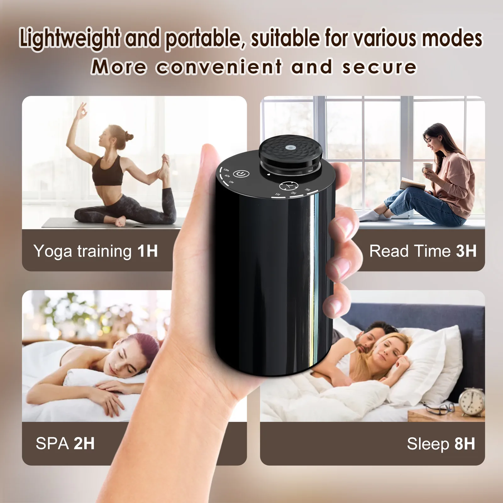Difusor sin agua 2420 PP RGB: funcionamiento a batería sin cable; corte automático al inclinarlo más allá de los 45 grados