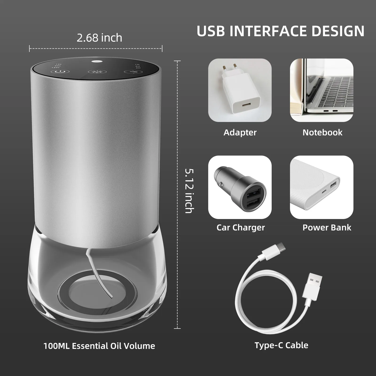 2430 glass and alloy waterless diffuser - quiet pump, no water tank - 75 x 75 x 127 mm / 2.95 x 2.95 x 5.00 in