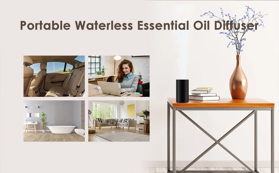 Portable waterless essential oil diffuser shown for car, desk and home fragrance use