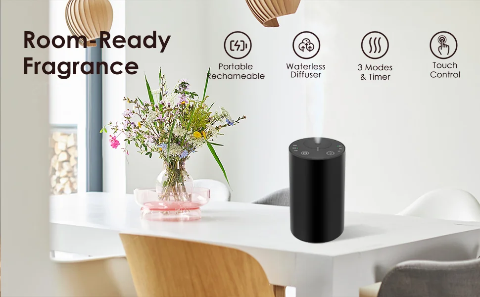 Black rechargeable waterless diffuser with portable, timer, touch-control and dry-mist feature icons