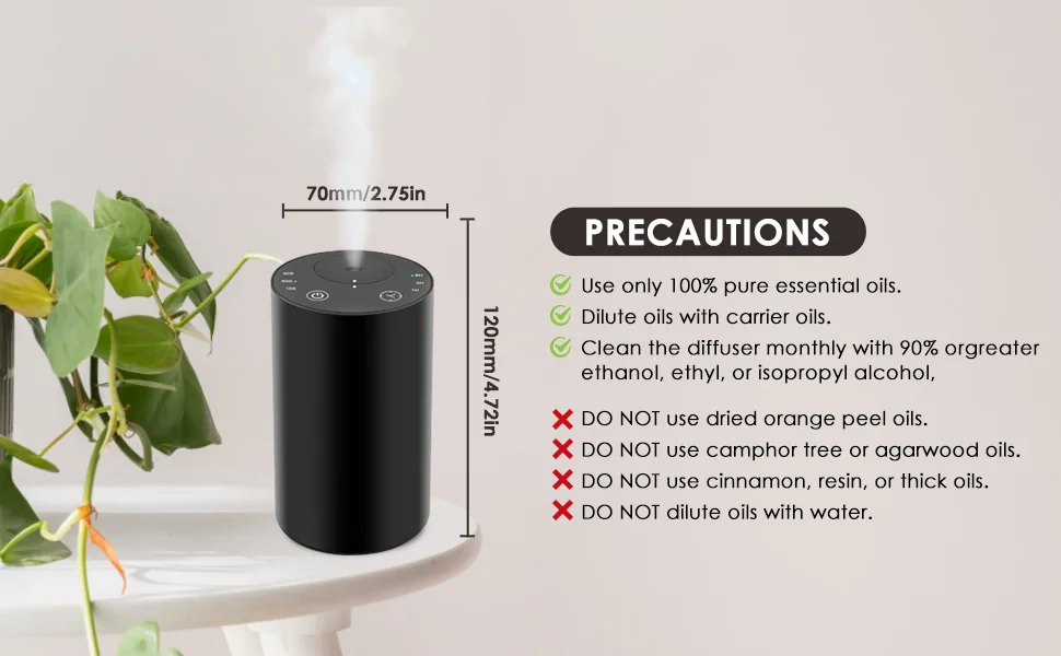 2441 waterless diffuser dimensions and pure essential oil precautions infographic