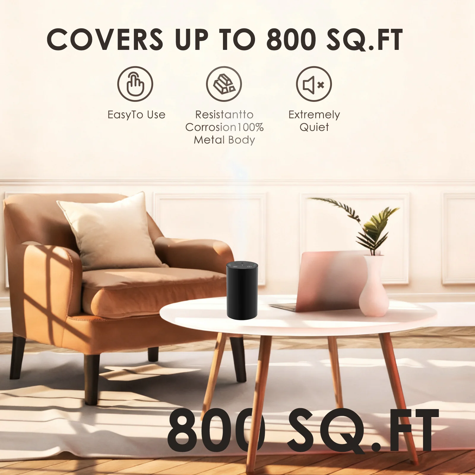 Metal waterless essential oil diffuser in a living room with coverage up to 800 square feet