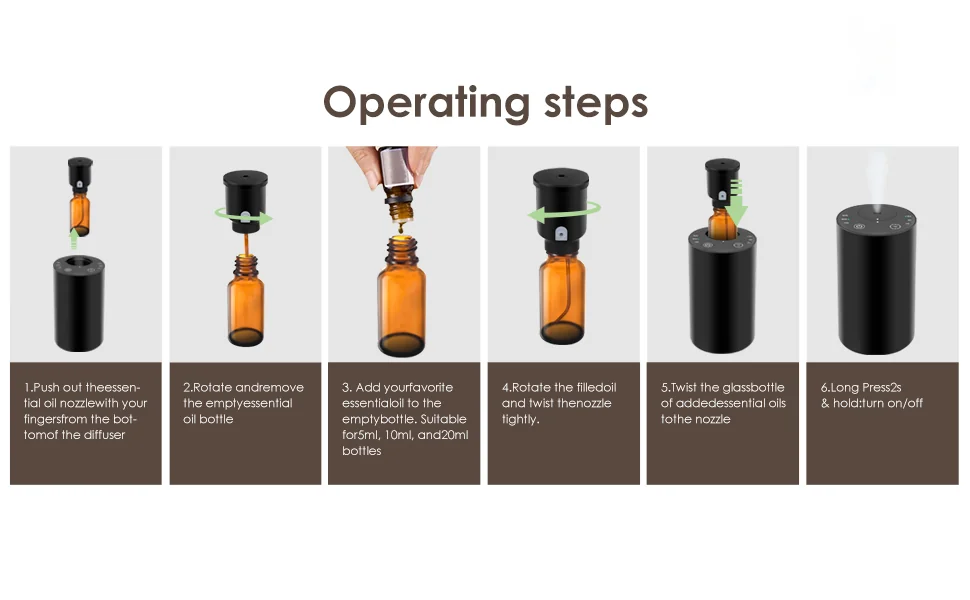 Five step oil bottle installation and operating guide for a portable waterless diffuser