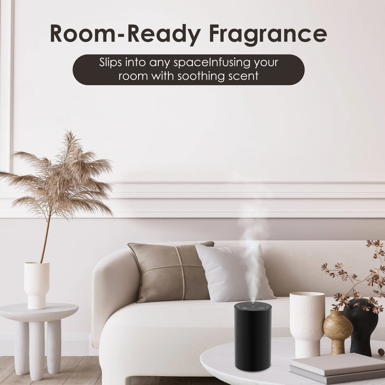 Black portable waterless diffuser adding room ready fragrance in a neutral living room