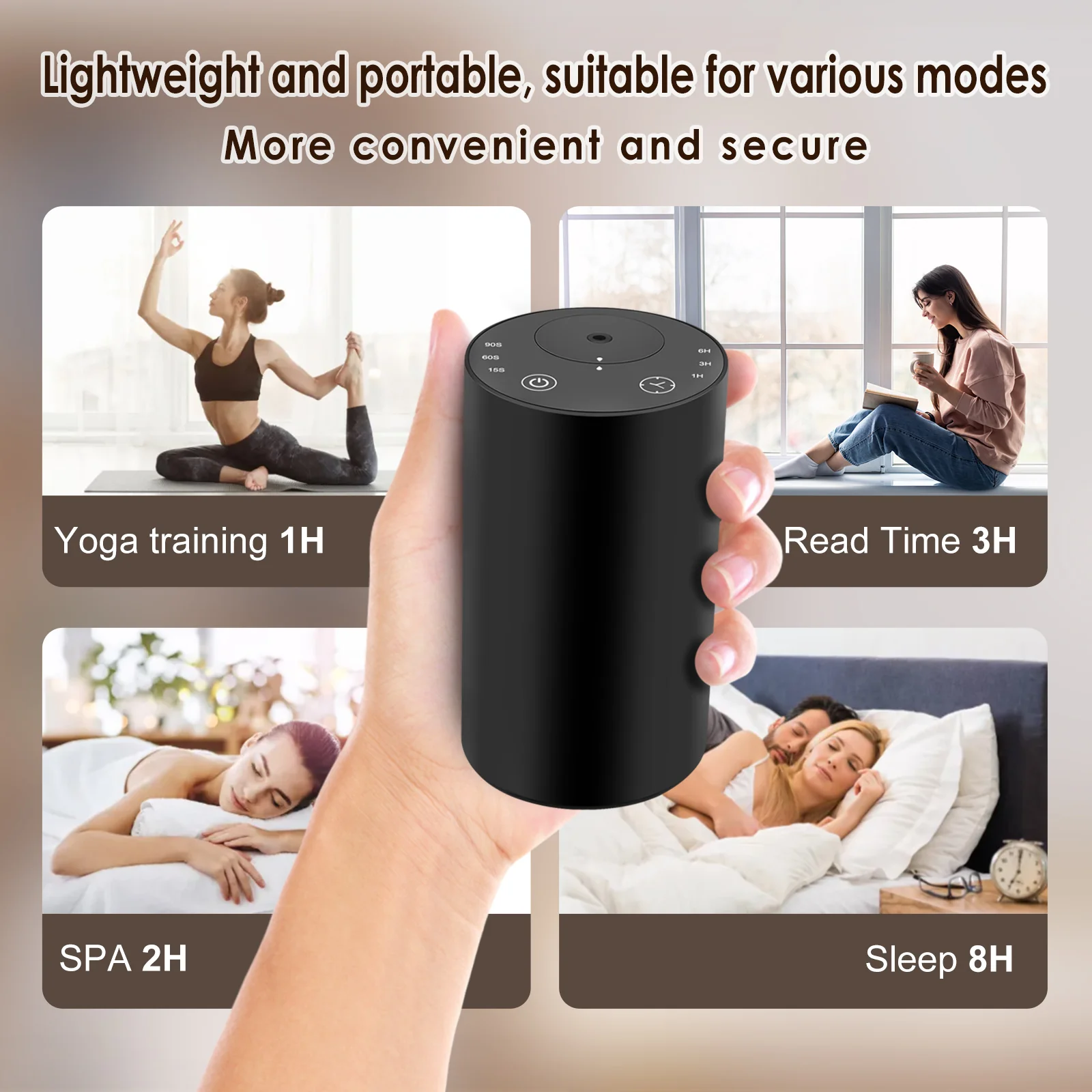 Hand held rechargeable waterless diffuser with yoga, reading, spa and sleep timer scenarios