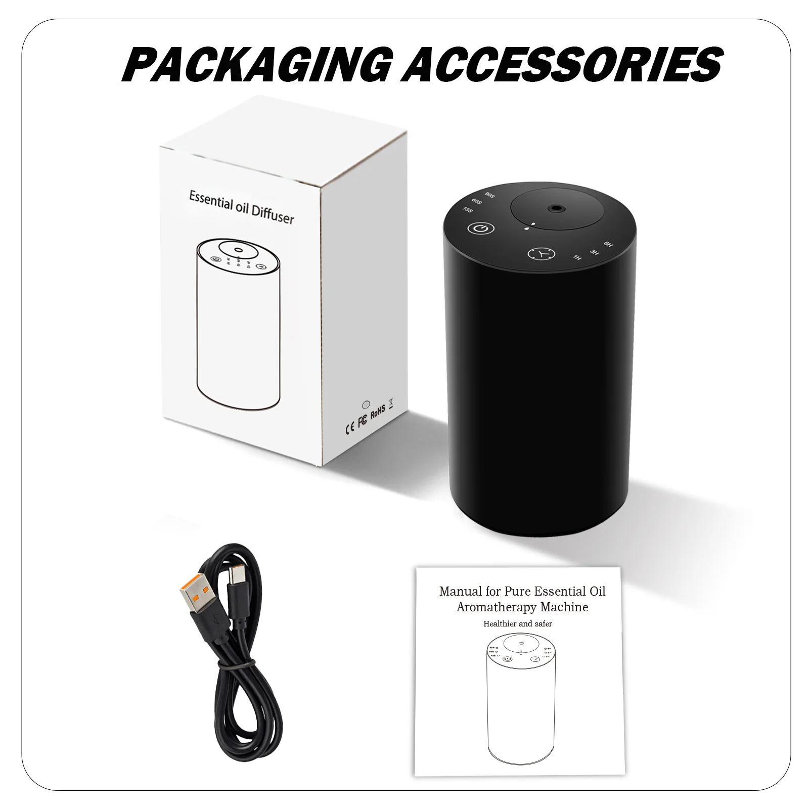 2441 waterless diffuser packaging accessories with unit, box, USB-C charging cable and manual