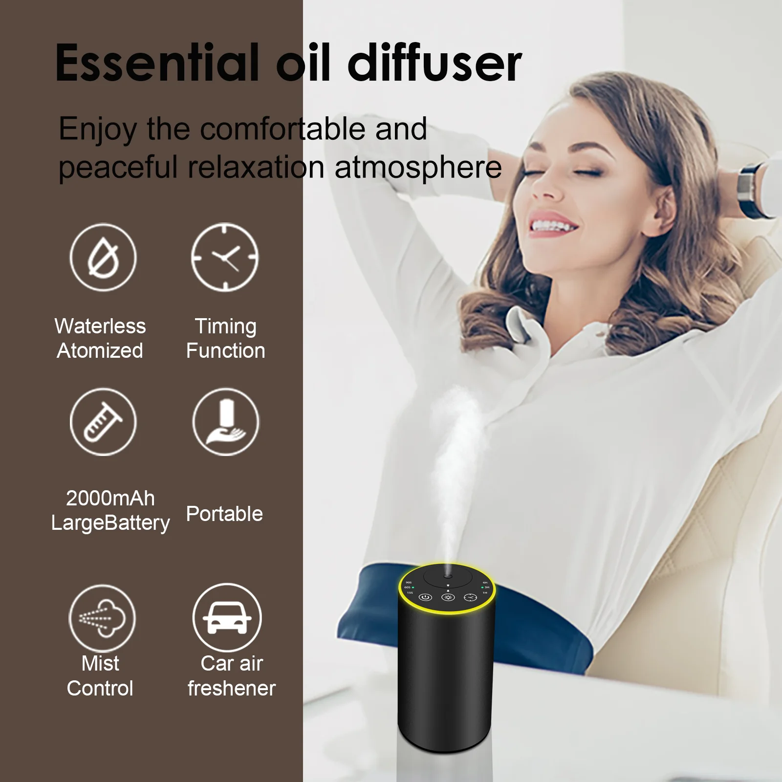 2451 waterless diffuser control guide - side power key, RGB light, interval and timer buttons