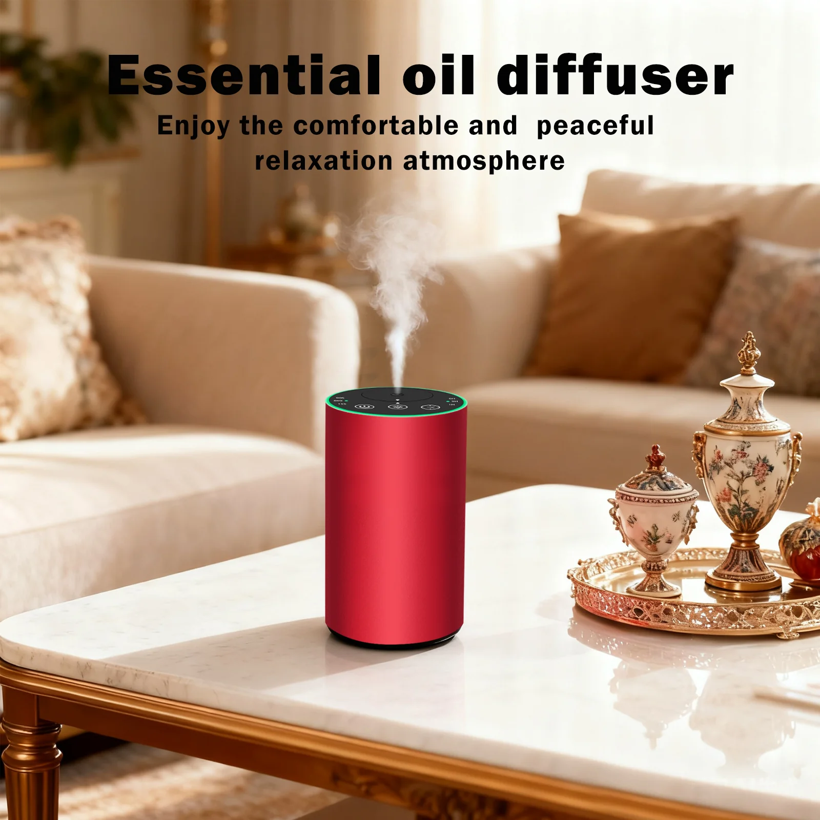 Red 2451 waterless essential oil diffuser on a living room coffee table